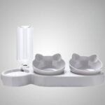 Triple Cat Bowls for Food and Water, Plastic Raised Cat Dis3 in 1 Pet Bowls 2 Food Bowls and Water Feeder Set Wet Dry Food Bowl Set for Cats Puppy Small Dogshes, Automatic Water Bottle .Grey