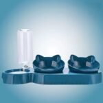 Triple Cat Bowls for Food and Water, Plastic Raised Cat Dis3 in 1 Pet Bowls 2 Food Bowls and Water Feeder Set Wet Dry Food Bowl Set for Cats Puppy Small Dogshes, Automatic Water Bottle .Blue