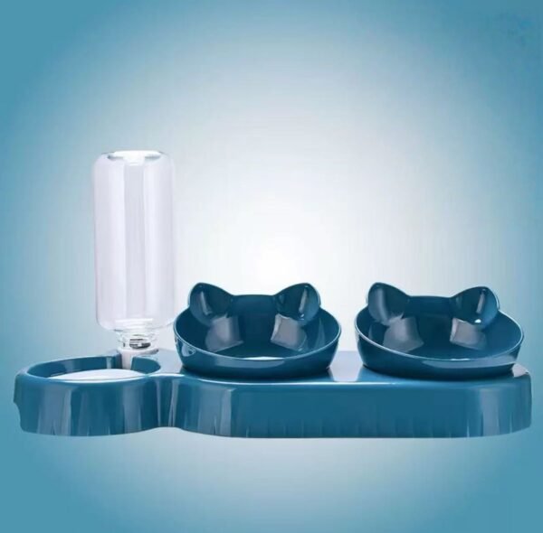 Triple Cat Bowls for Food and Water, Plastic Raised Cat Dis3 in 1 Pet Bowls 2 Food Bowls and Water Feeder Set Wet Dry Food Bowl Set for Cats Puppy Small Dogshes, Automatic Water Bottle .Blue