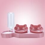 Triple Cat Bowls for Food and Water, Plastic Raised Cat Dis3 in 1 Pet Bowls 2 Food Bowls and Water Feeder Set Wet Dry Food Bowl Set for Cats Puppy Small Dogshes, Automatic Water Bottle .Pink